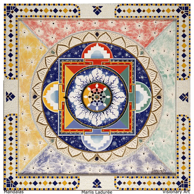 Blue Sun Mandala 37 cm x 37 cm Glaze, oil on canvas Gold leave, crystals