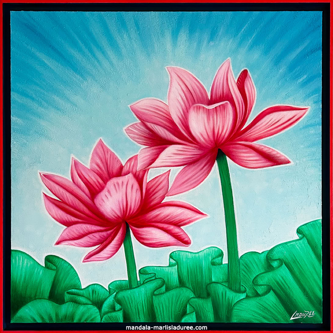 GIVERNY 100 cm x 100 cm, huile et glacis sur toile,  modelling paste  et feuilles d’argent et or.