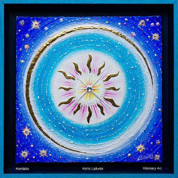 Blue Sun Mandala 37 cm x 37 cm Glaze, oil on canvas Gold leave, crystals