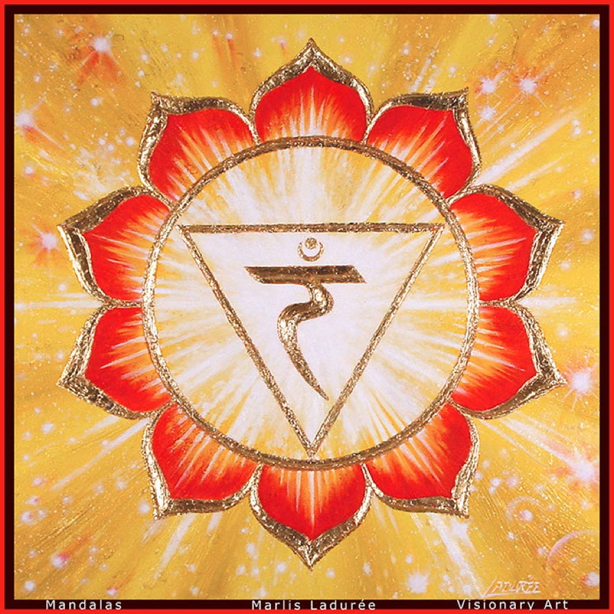 manipura chakra, glaize, oil, gold leaves on canvas