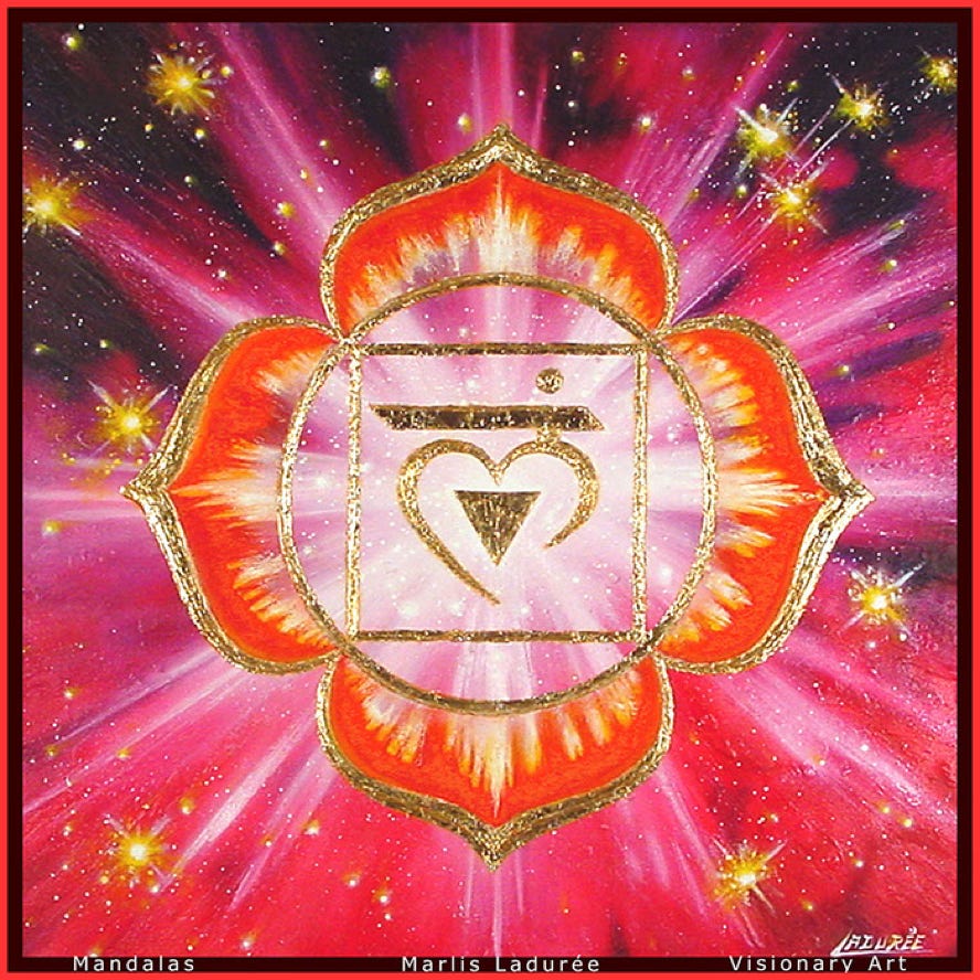 muladhara chakra, glaize, oil, gold leaves on canvas